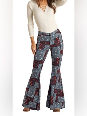 Patchwork Paisley Bell Flare Pants in Blue and Burgundy